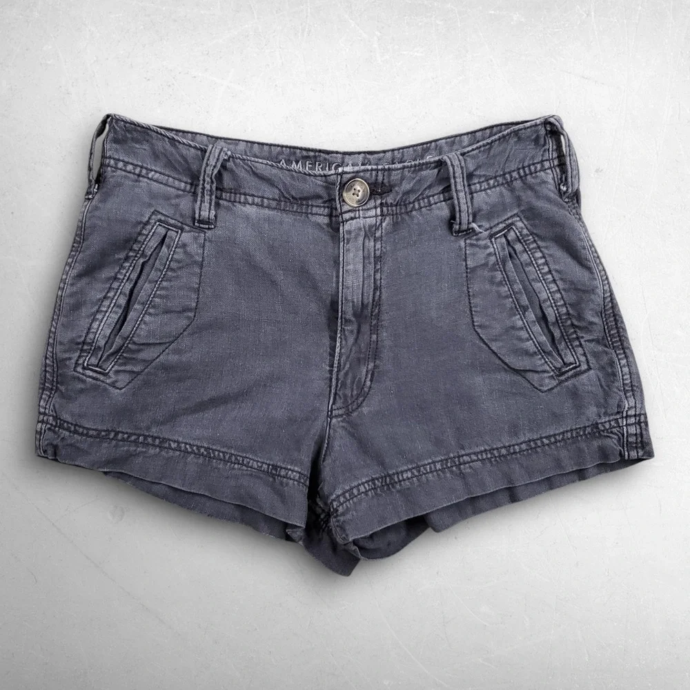 American Eagle Linen Blend Mini Shorts Women 00 Gray Summer Casual Boho Beachy